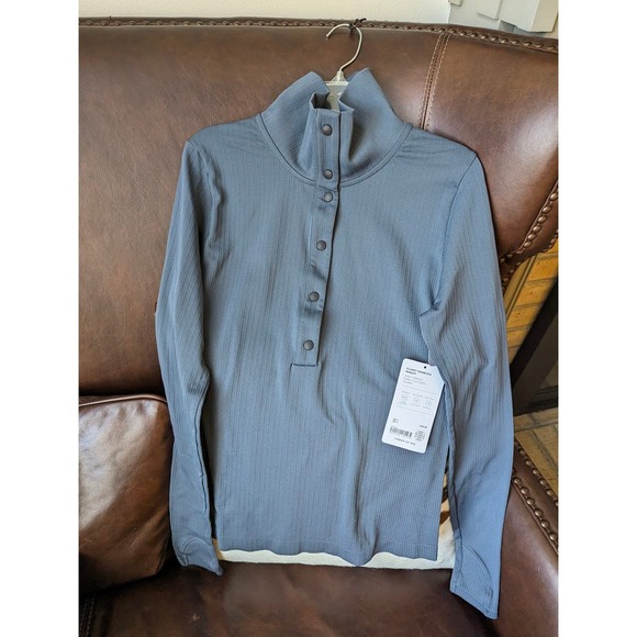 Athleta Blue ribbed quarter snap jacket pull over Medium - Picture 1 of 4